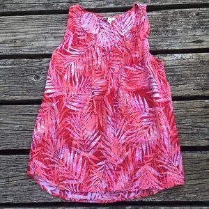 Red and Peach Tropical Leaf Patterned Top